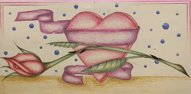[Photo of a handmade card depicting a heart with a ribbon around it and a rose in front of it]